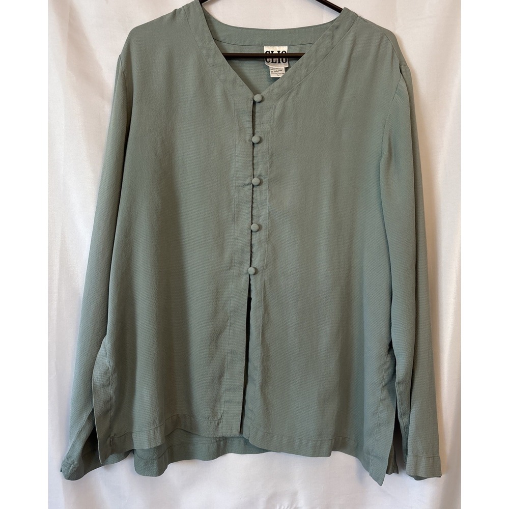 Clio Vintage 100% Silk Boho Retro Beachy Artsy Lagenlook Shirt, Sage Green Sz L